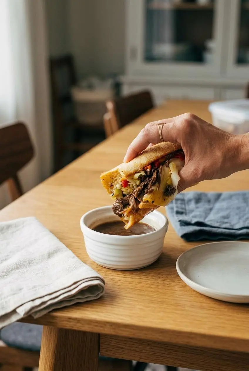 An assembled Italian beef sandwich on a wooden table, with a small white bowl of au jus for dipping and a linen napkin.