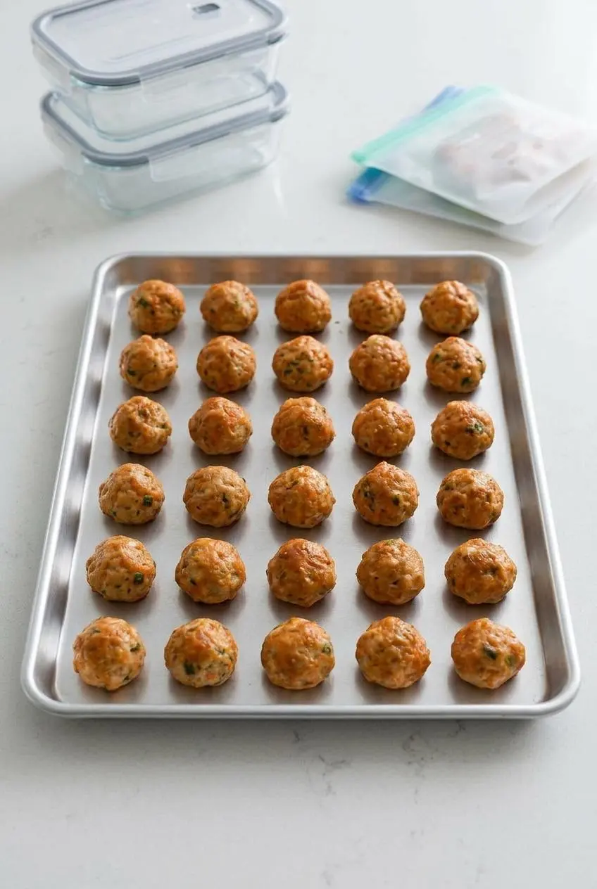 A baking sheet with a single layer of cooked, unsauced chicken meatballs ready to be flash-frozen for storage.