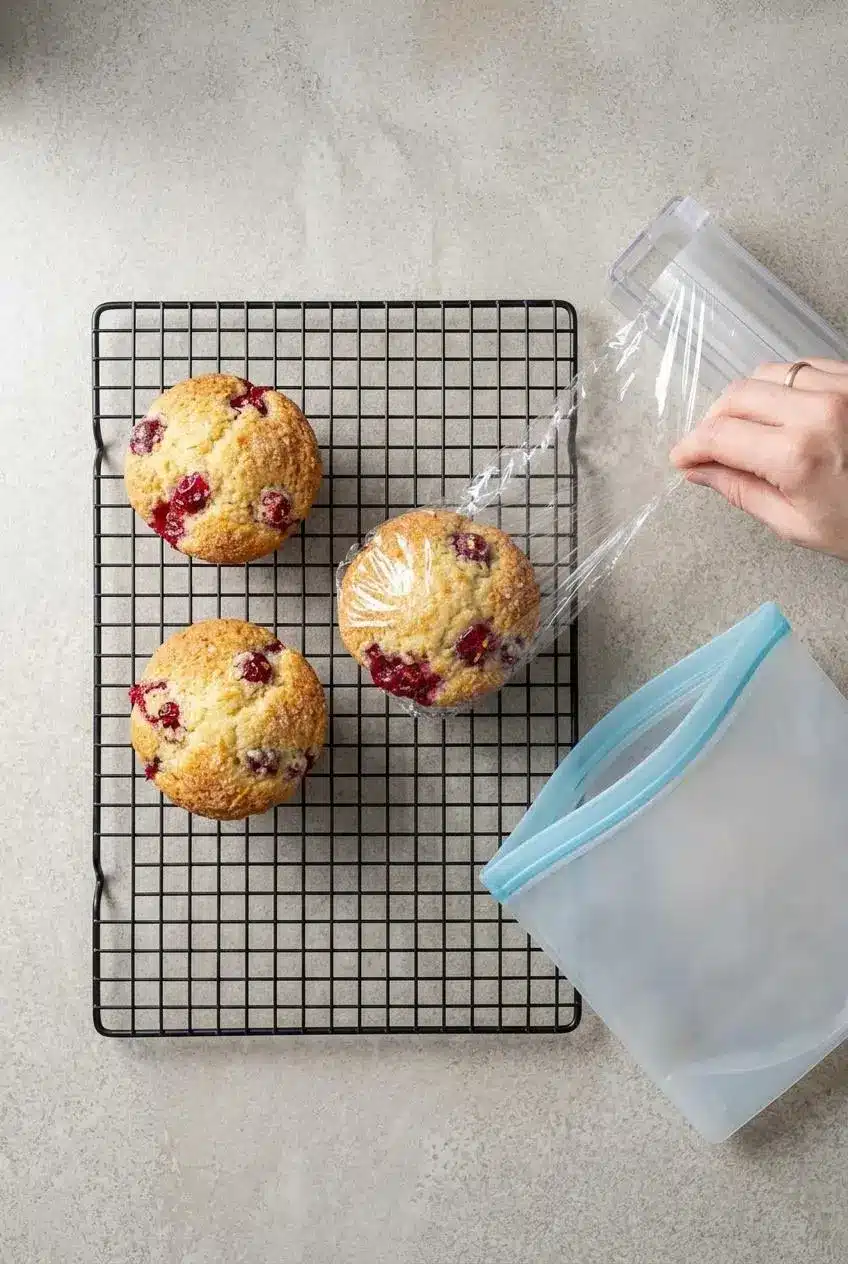 Overhead view of cranberry orange muffins on a cooling rack, one being wrapped in plastic wrap to prepare for freezing.