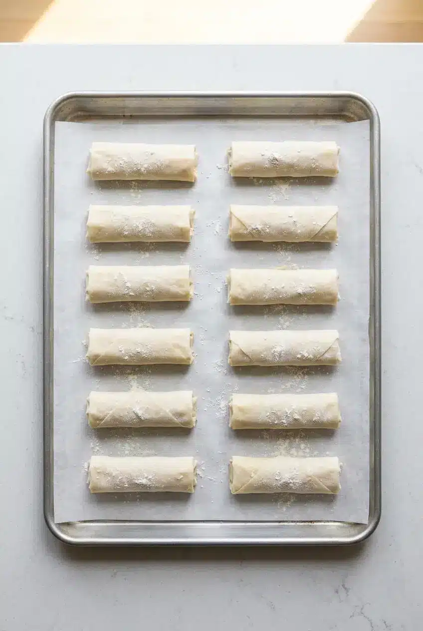 Unbaked feta phyllo rolls arranged seam-side down in neat rows on a parchment-lined baking sheet, ready for freezing or refrigeration.