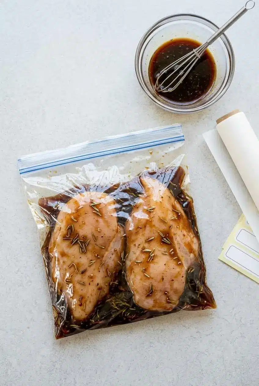 Two raw chicken breasts in a clear freezer bag with a dark marinade, being prepared for freezing on a countertop.