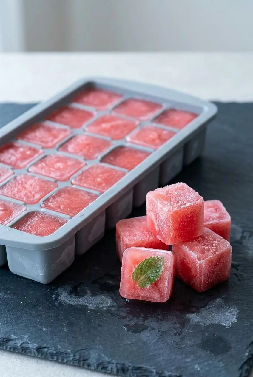 A grey silicone ice cube tray filled with frozen pink watermelon juice cubes, with a few cubes scattered on a dark slate surface.