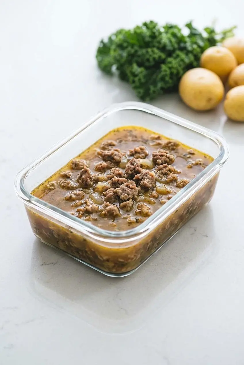 The Zuppa Toscana soup base with sausage and broth stored in a rectangular glass airtight container, ready for freezing.
