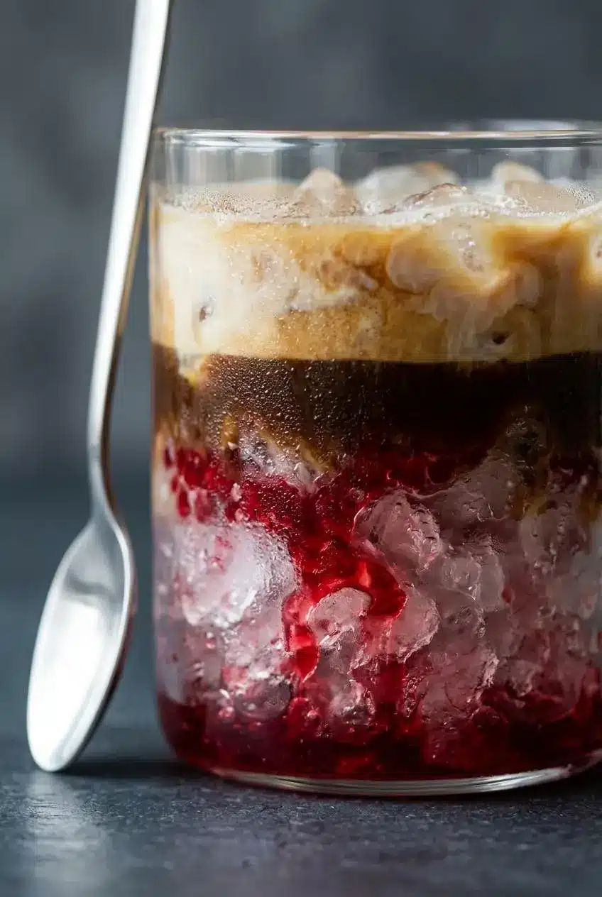 A close-up macro shot of an iced latte, showing ruby raspberry syrup weaving through crushed ice at the bottom of the glass.