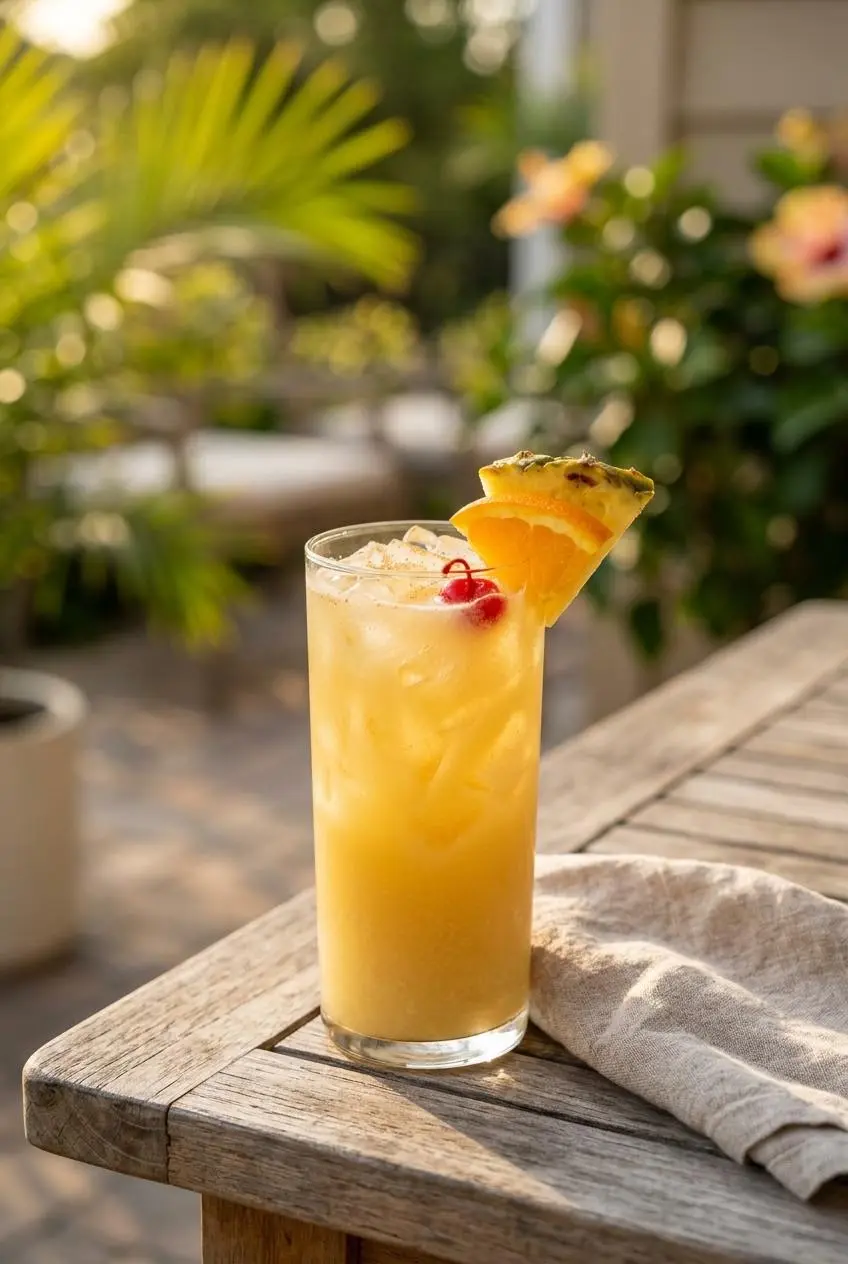 A finished Painkiller cocktail in a glass on a teak wood table outdoors, garnished with a pineapple wedge and cherry, with leafy green