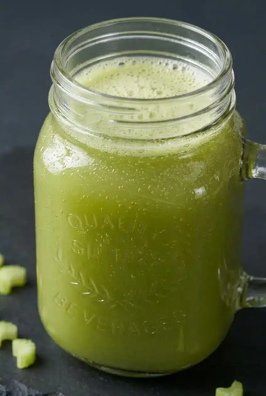 A tight close-up of freshly strained celery juice in a glass, highlighting the tiny bubbles and light froth on the surface.