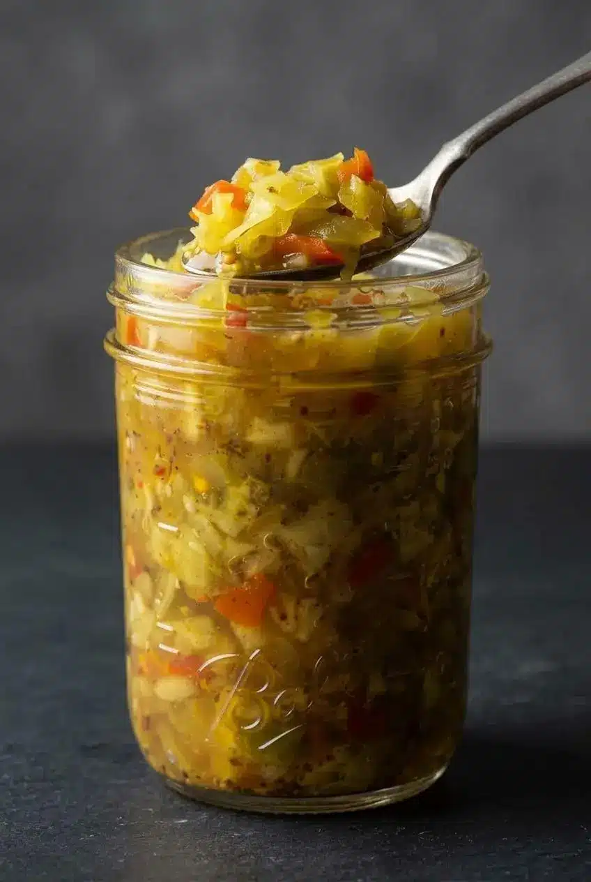 A close-up of chow chow relish on a spoon, showing the crisp texture of the chopped vegetables in a sweet and tangy brine.