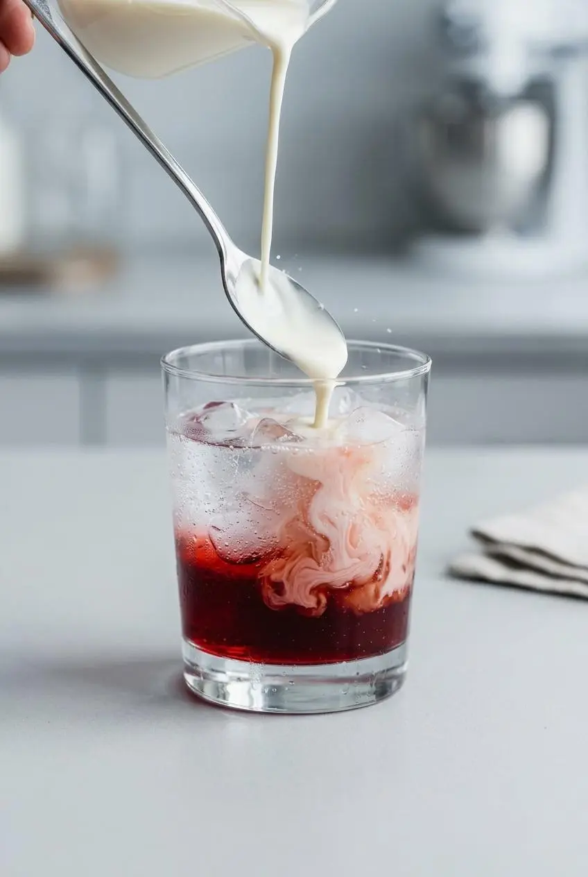 Heavy cream is poured over the back of a spoon into a glass with ice and raspberry soda to create layers.