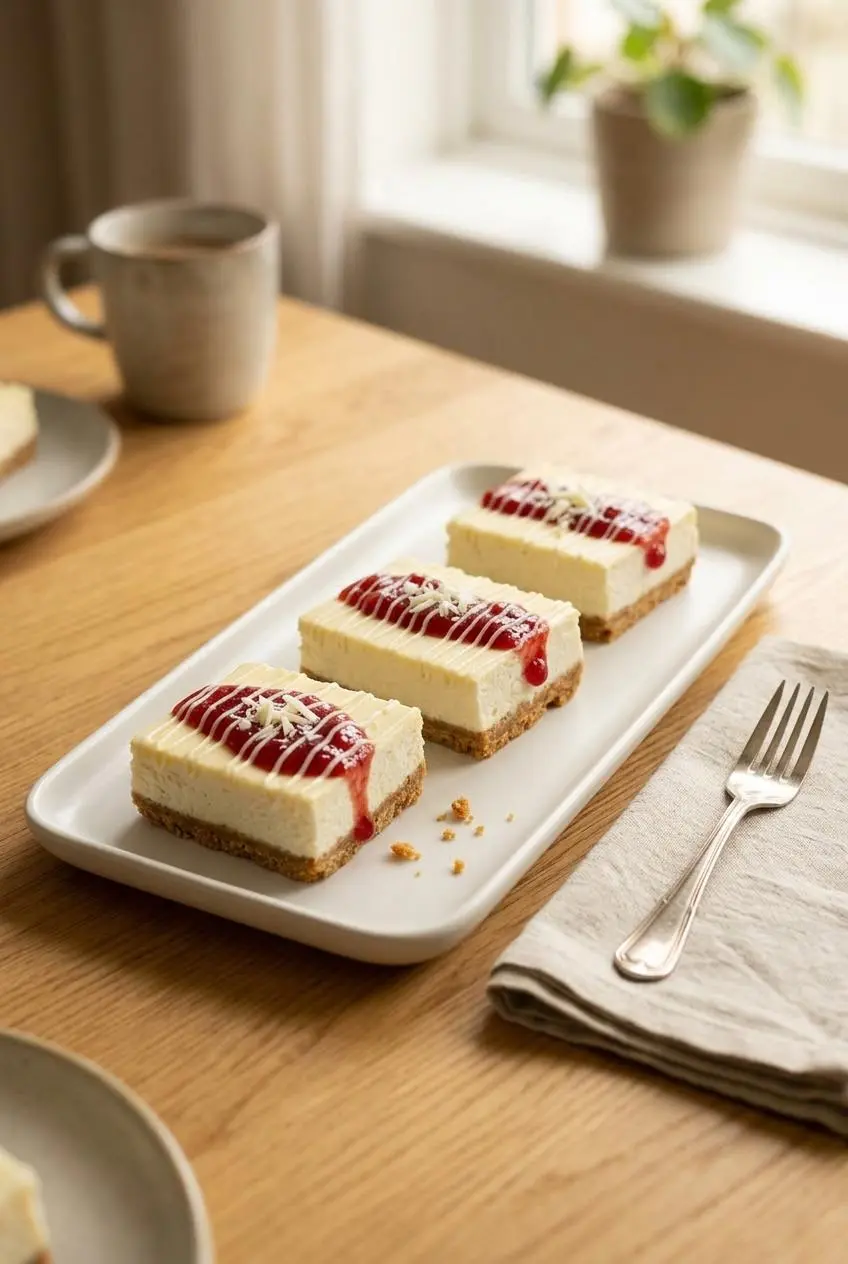 Three finished strawberry cheesecake bars arranged on a white rectangular platter on a wooden table, with a fork and napkin nearby.