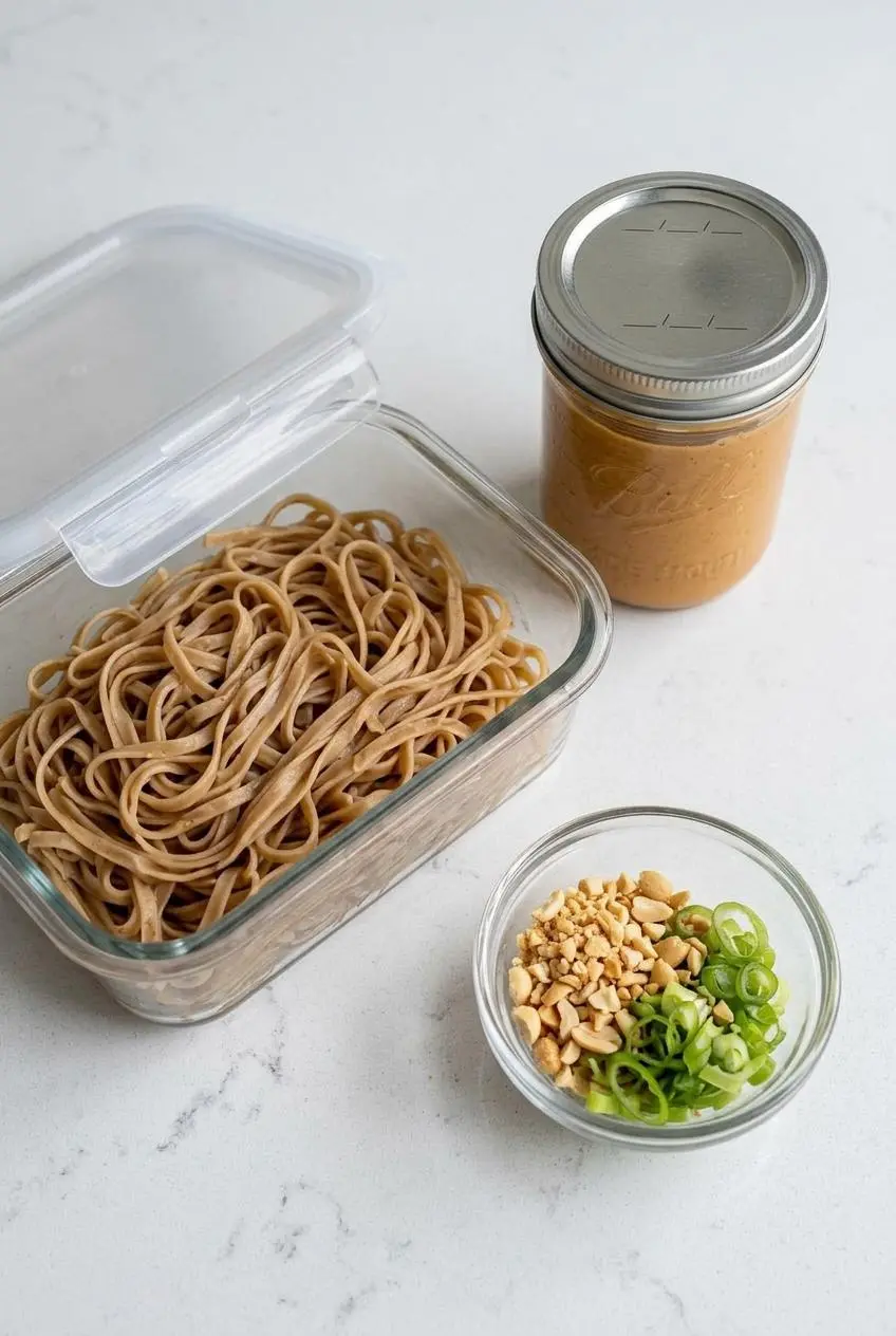Meal prep containers on a countertop showing separated components: cooked noodles, peanut sauce in a jar, and toppings.