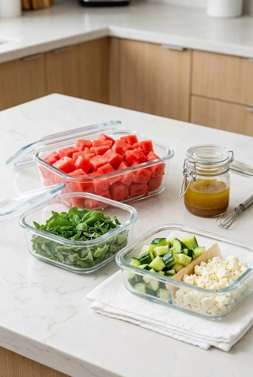 Three glass containers on a kitchen counter holding separated salad components: cubed watermelon, chopped herbs, and honey-lime dressing in