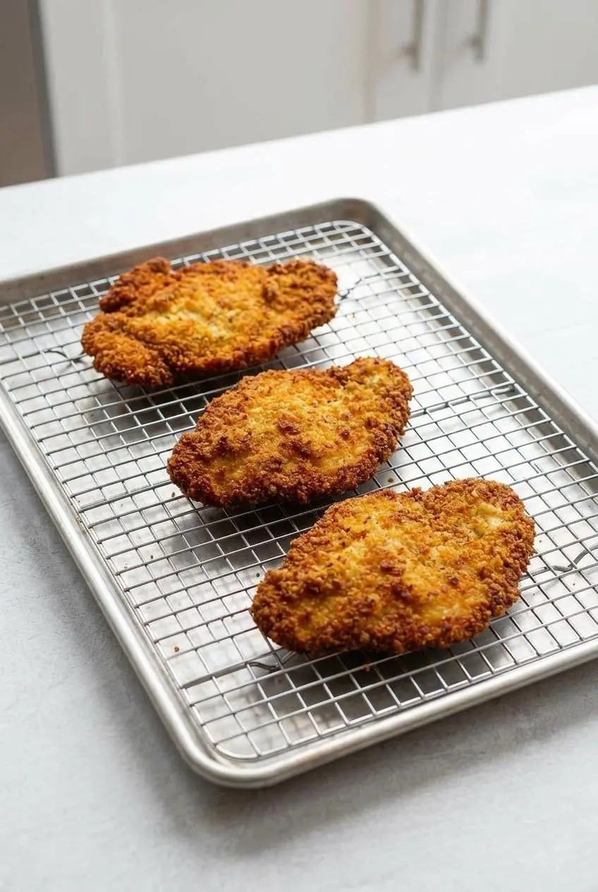 Three cooked chicken cutlets in a single layer on a wire rack set inside a baking sheet, ready to be reheated.