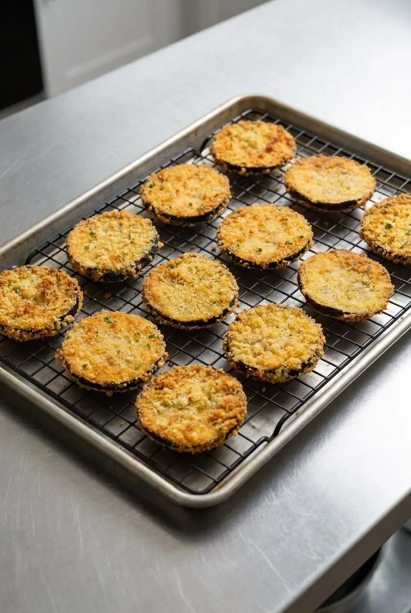 Leftover fried eggplant slices arranged in a single layer on a wire rack set inside a baking sheet, ready for reheating.