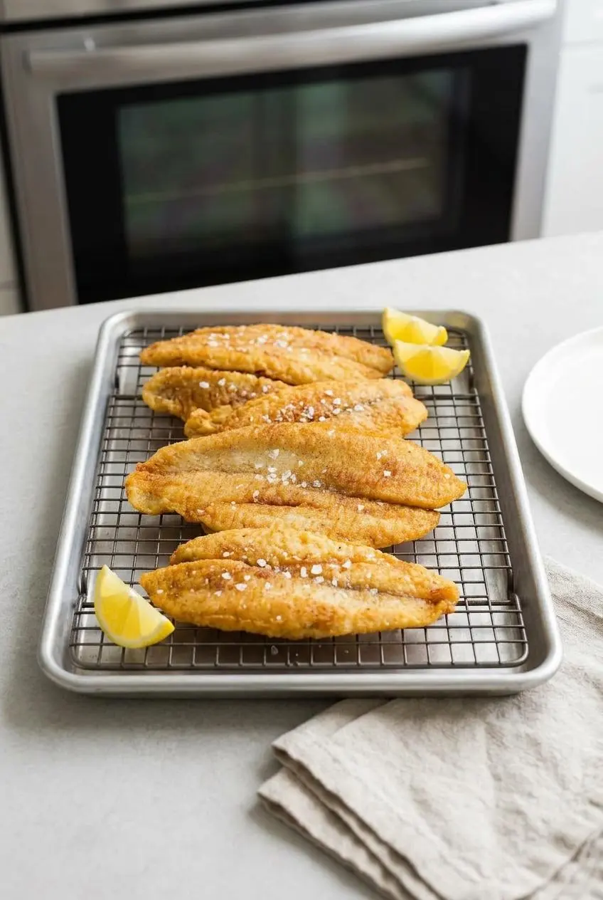 Leftover fried fish fillets arranged in a single layer on a wire rack set over a baking sheet, ready for reheating in an oven.