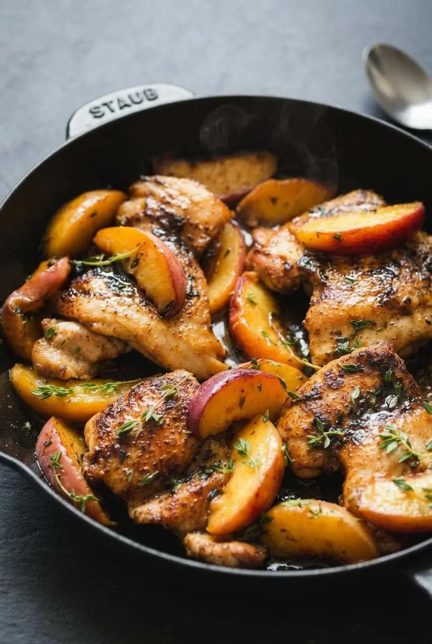 A close-up of seared chicken thighs and sliced peaches in a skillet, coated in a shiny, bubbly honey lemon sauce.