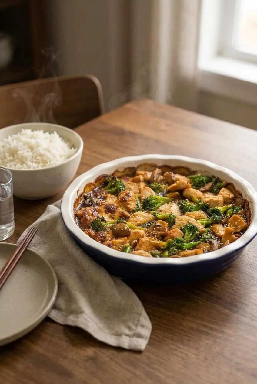 A serving of chicken and broccoli stir fry in a skillet on a dining table, with a small bowl of white rice nearby for a complete meal.