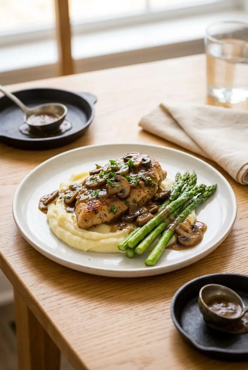 A serving of Chicken Madeira on a white plate, placed over a bed of creamy mashed potatoes and topped with asparagus and mushroom sauce.