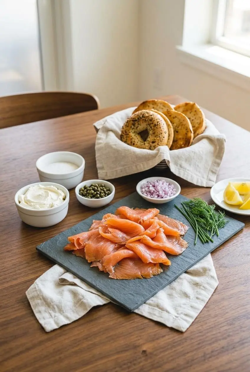 A platter of cold smoked salmon served for brunch with bagels, cream cheese, capers, and red onion.