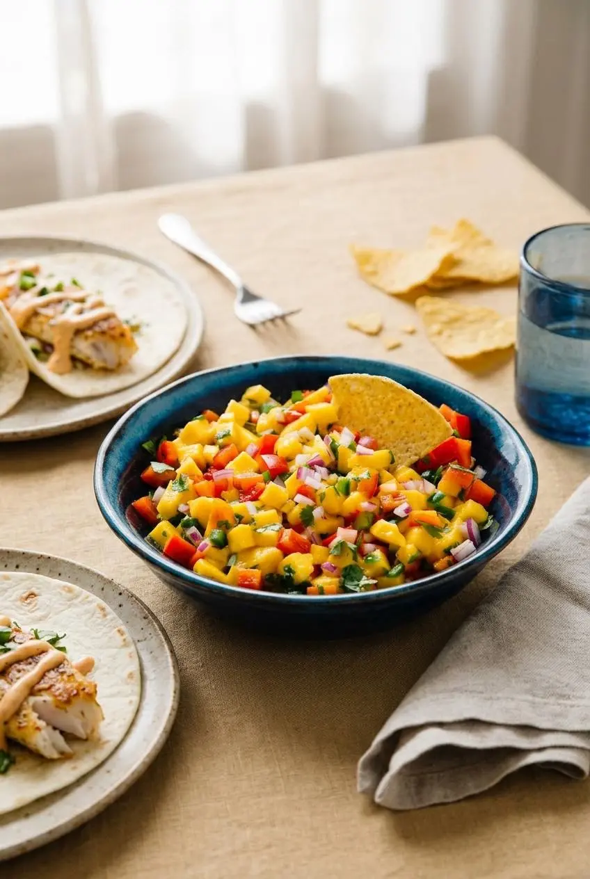 A bowl of mango salsa on a linen-covered table, served with tortilla chips and fish tacos in the background.