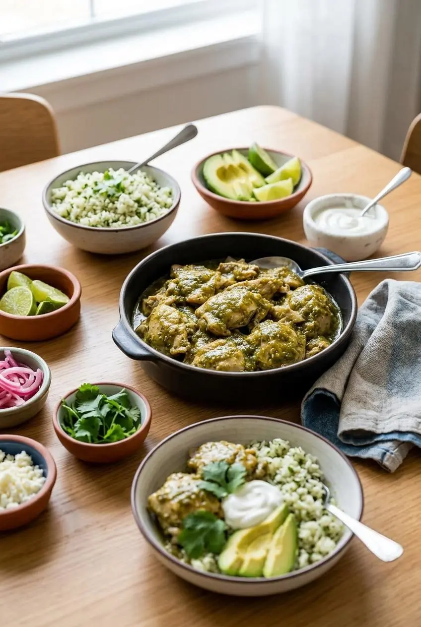A burrito bowl bar with a dish of salsa verde chicken surrounded by small bowls of cilantro-lime rice, sliced avocado, and sour cream.