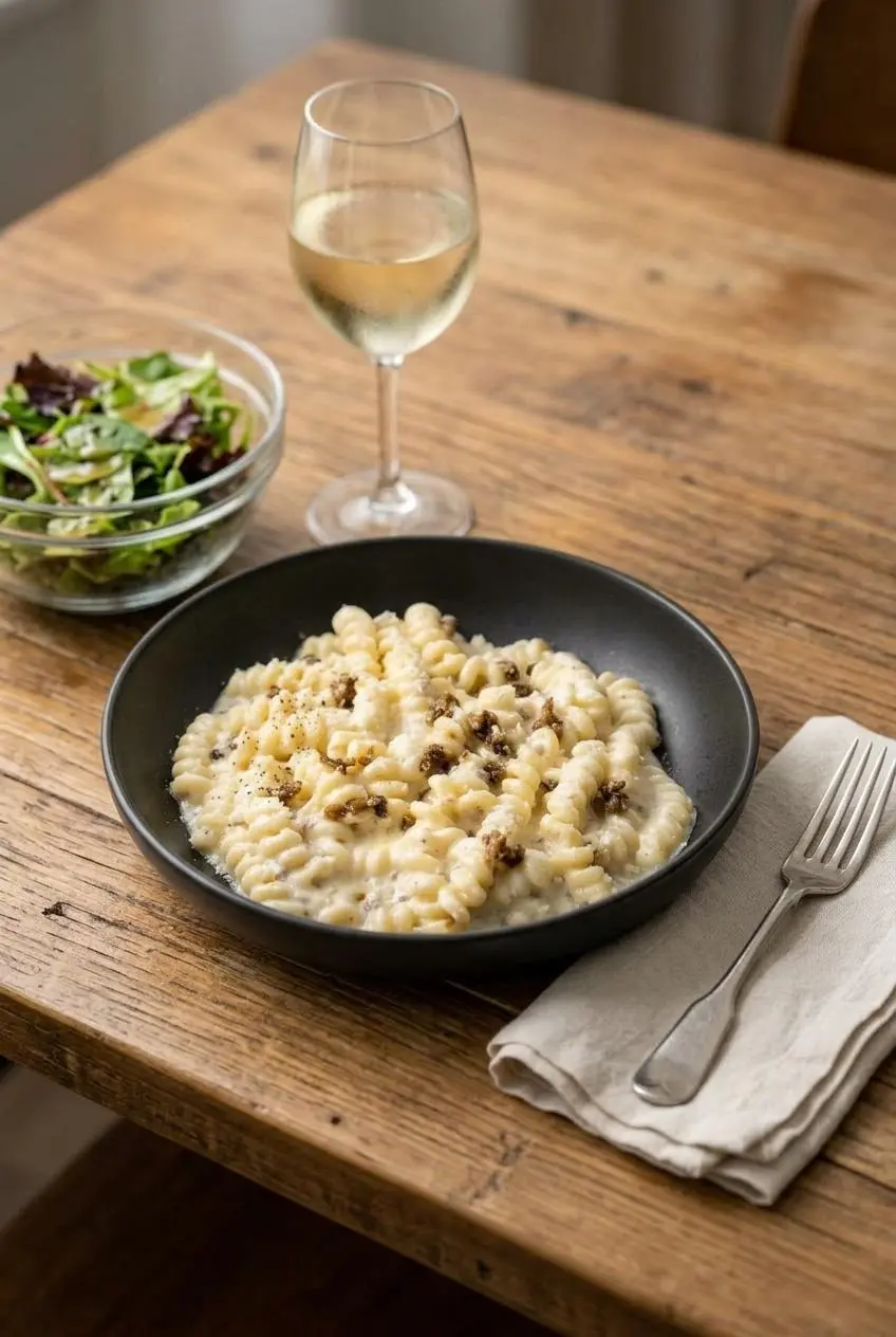 A serving of truffle pasta in a white bowl, placed on a wooden table next to a glass of white wine and a simple green salad.