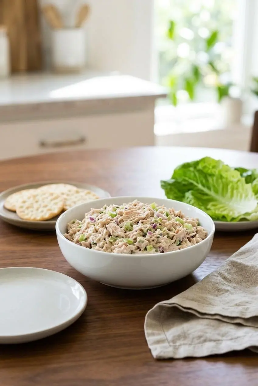 A bowl of tuna salad on a wooden table, served with crisp lettuce leaves and crackers for a fresh, non-soggy lunch idea.