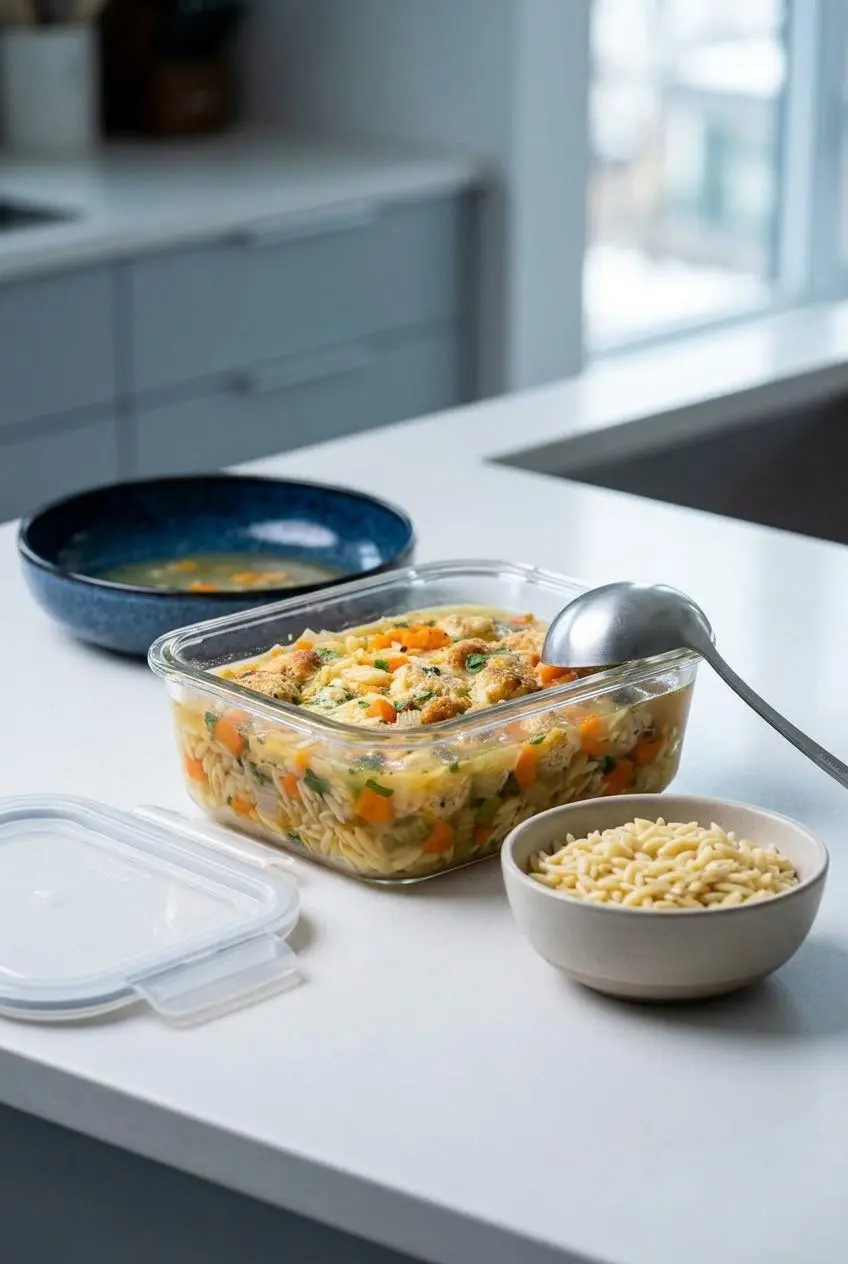 Leftover chicken meatball soup in a glass storage container next to a small bowl of cooked orzo, demonstrating a storage tip.