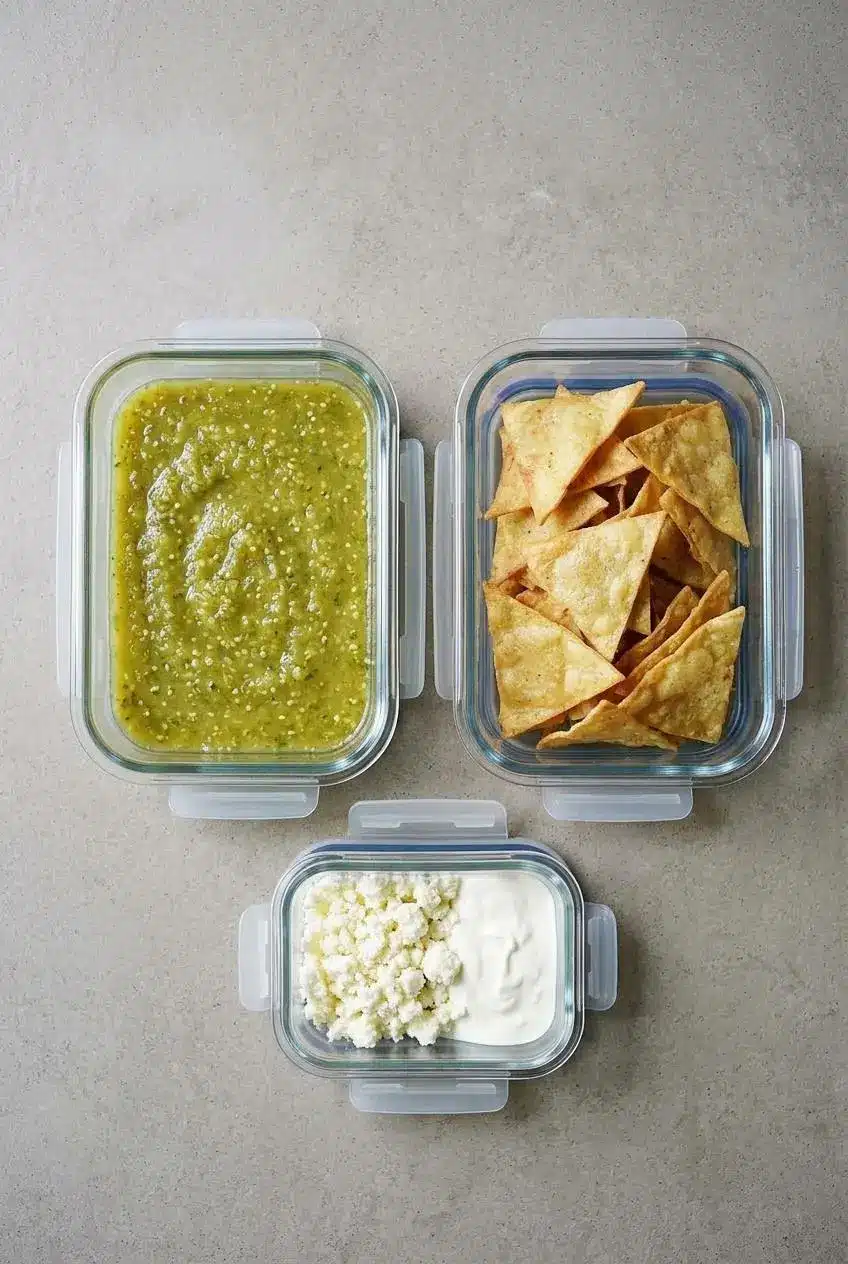 An overhead view of two glass containers showing how to store chilaquiles components: one with salsa verde and one with homemade tortilla