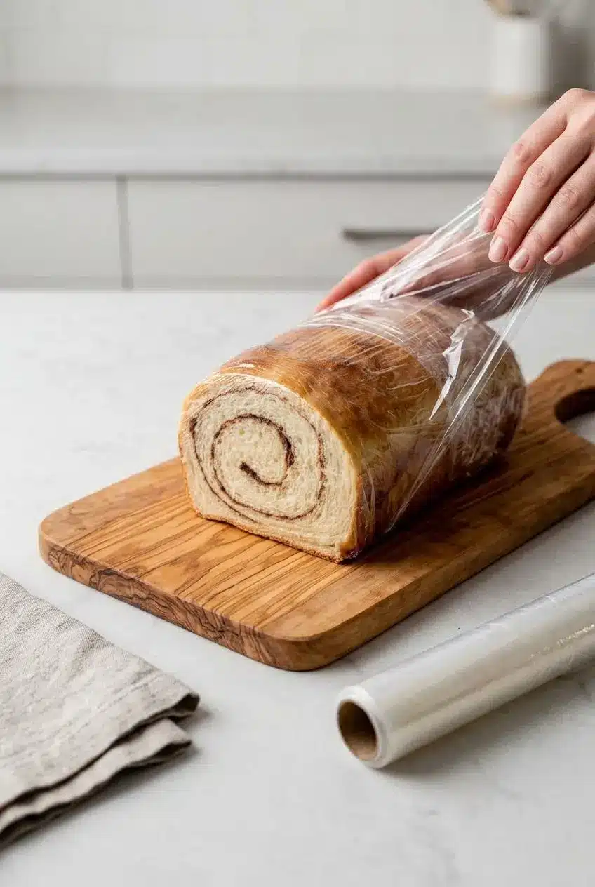 A loaf of cinnamon swirl bread on a wooden cutting board, with one half being wrapped in clear plastic wrap for storage.