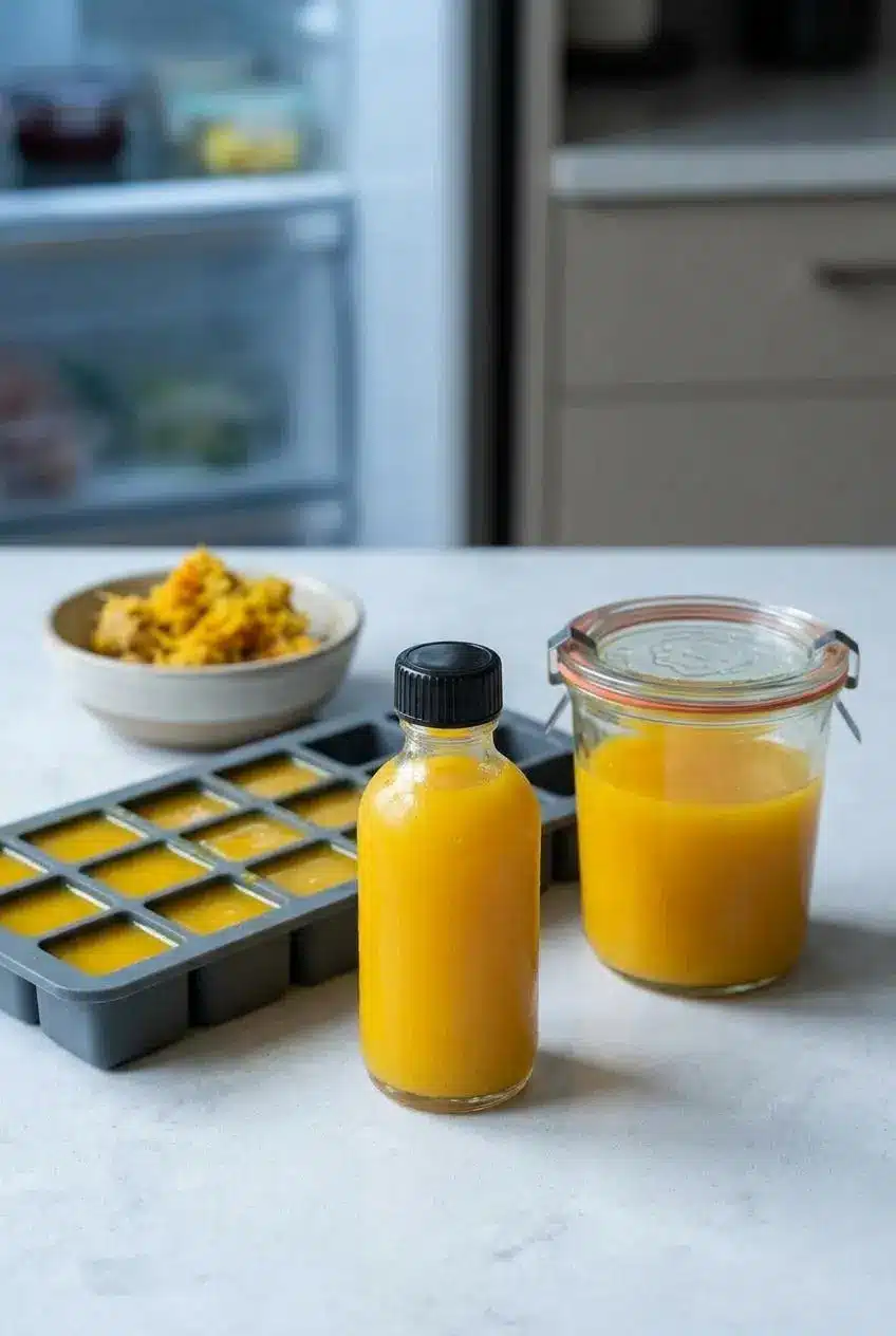 Ginger shots being stored in an airtight glass bottle for the fridge and a silicone ice cube tray for freezing.