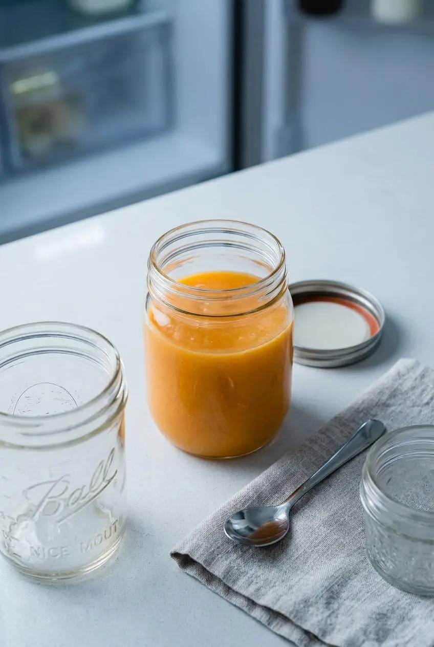 An overhead view of fresh orange curd in a clean, open glass jar, ready for storage in the refrigerator.
