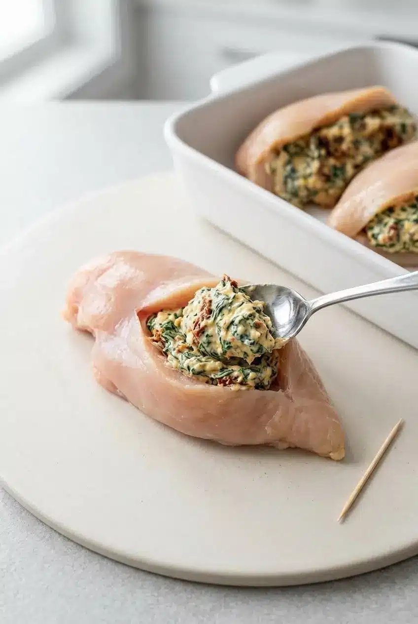 Overhead view of a hand using a spoon to fill a pocket cut into a raw chicken breast with a creamy spinach and cheese mixture.