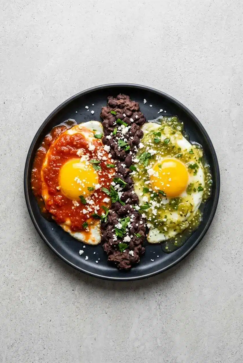 An overhead view of huevos divorciados: two fried eggs on a plate, one covered in red salsa and the other in green salsa, separated by a