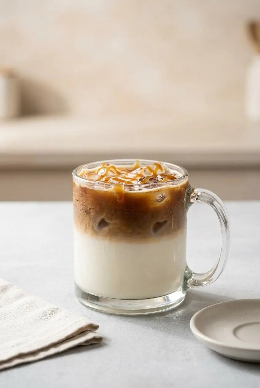 An iced caramel macchiato in a tall glass with condensation, showing layers of vanilla milk, ice cubes, espresso, and a caramel drizzle on a