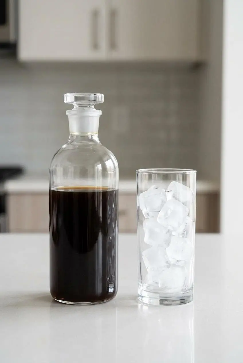 A glass bottle of chilled espresso sits on a kitchen counter next to a tall glass filled with ice, ready for making an iced latte.