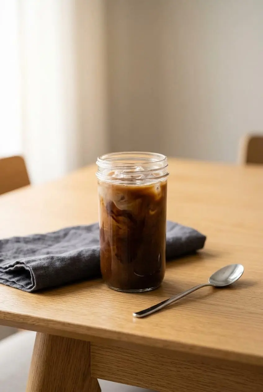 An iced mocha latte in a tall glass, sitting on a light wood table next to a grey napkin and a silver spoon.