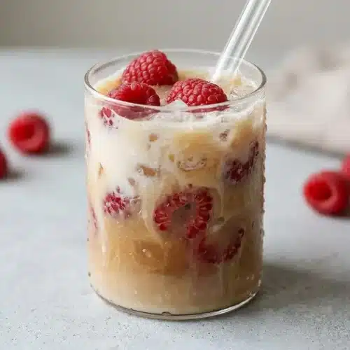 A tall clear glass of a layered Iced Raspberry Lattes, showing creamy milk over pink raspberry syrup and topped with rich espresso.