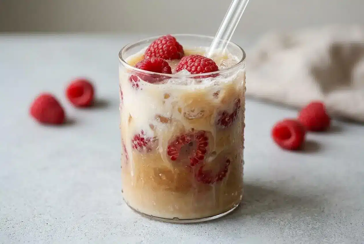A tall clear glass of a layered Iced Raspberry Lattes, showing creamy milk over pink raspberry syrup and topped with rich espresso.