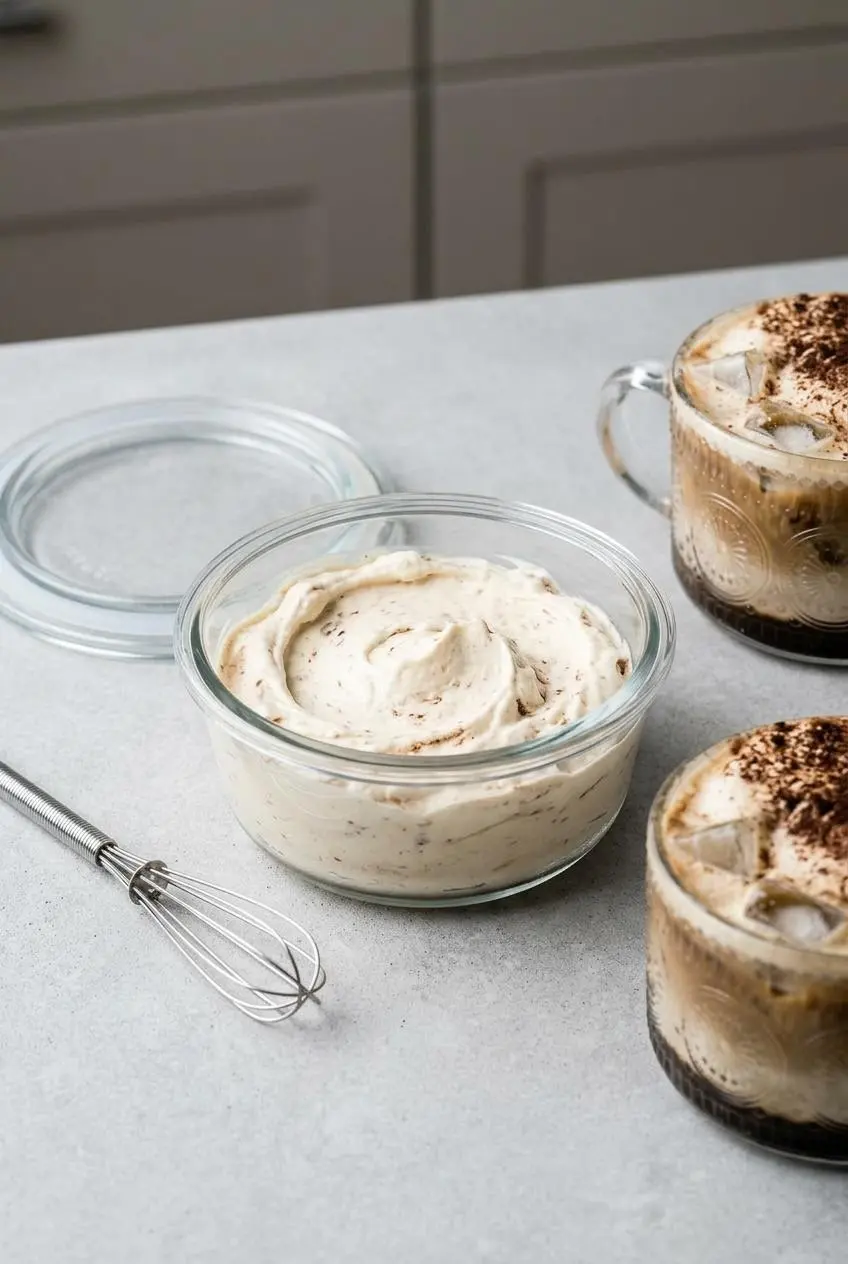 The mascarpone cream for a latte stored in an airtight glass container with the lid beside it, ready for make-ahead preparation.
