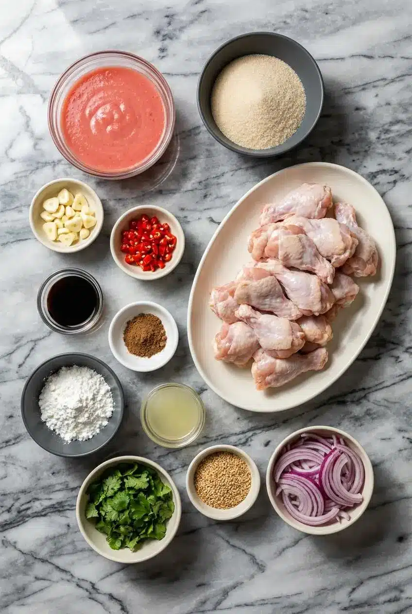 Ingredients for the Guava Glazed Chicken Wings recipe laid out, including chicken wings, guava paste, dark rum, soy sauce, and lime juice.