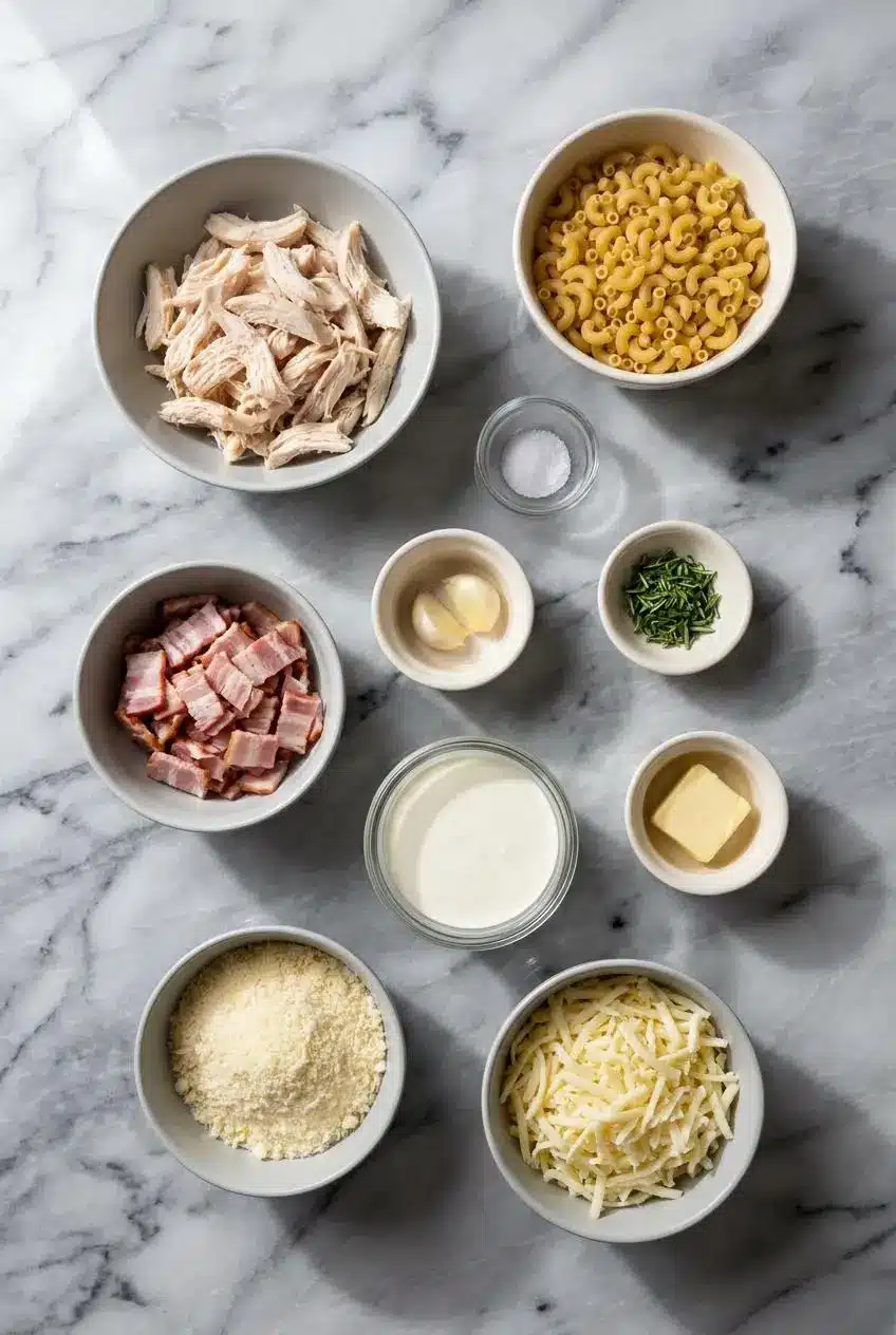 Ingredients for a creamy chicken pasta bake laid out, including penne, chicken thighs, heavy cream, parmesan, and fresh sage.