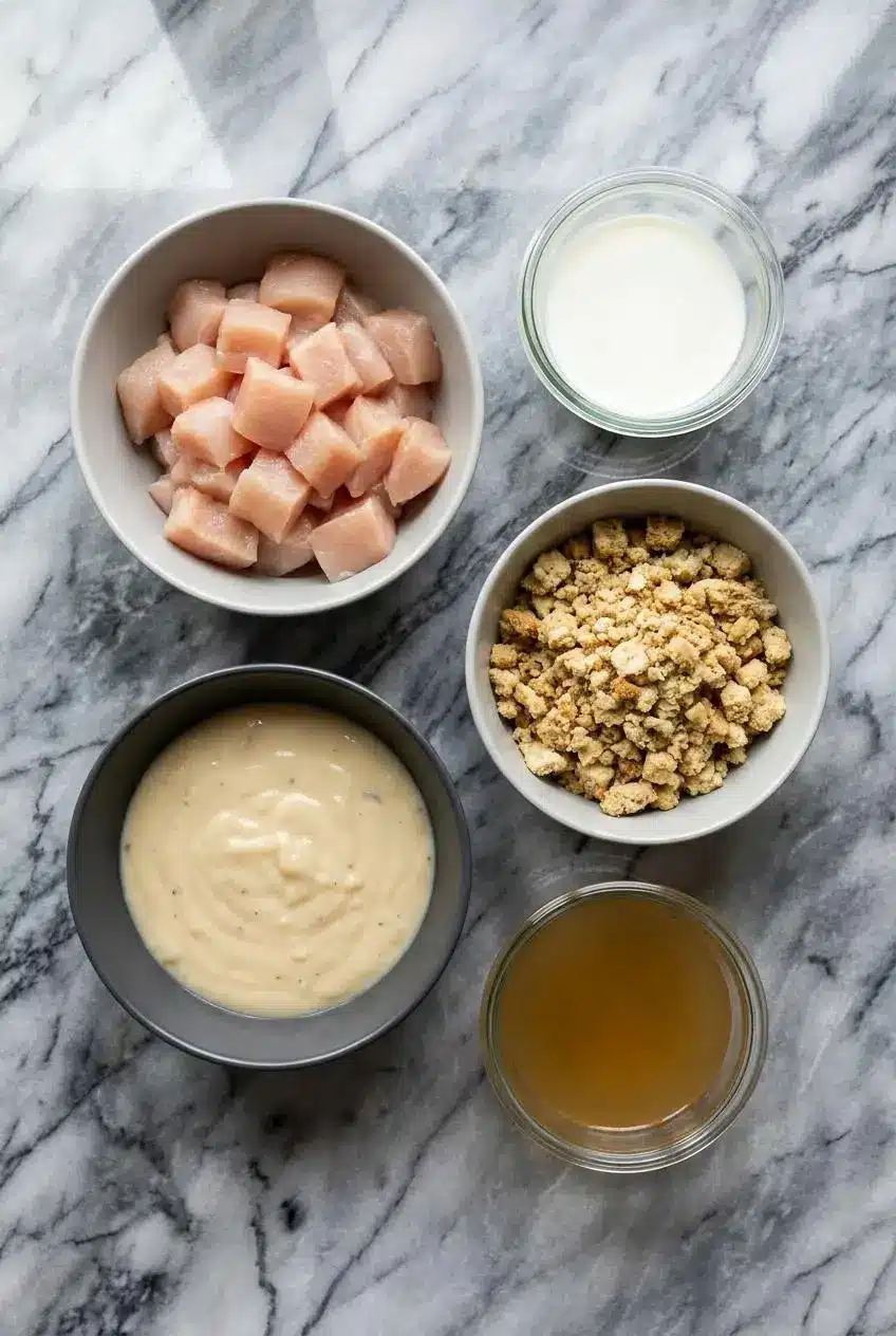 Ingredients for Chicken and Stuffing Bake, including boneless skinless chicken breasts, a box of stuffing mix, and condensed soup.