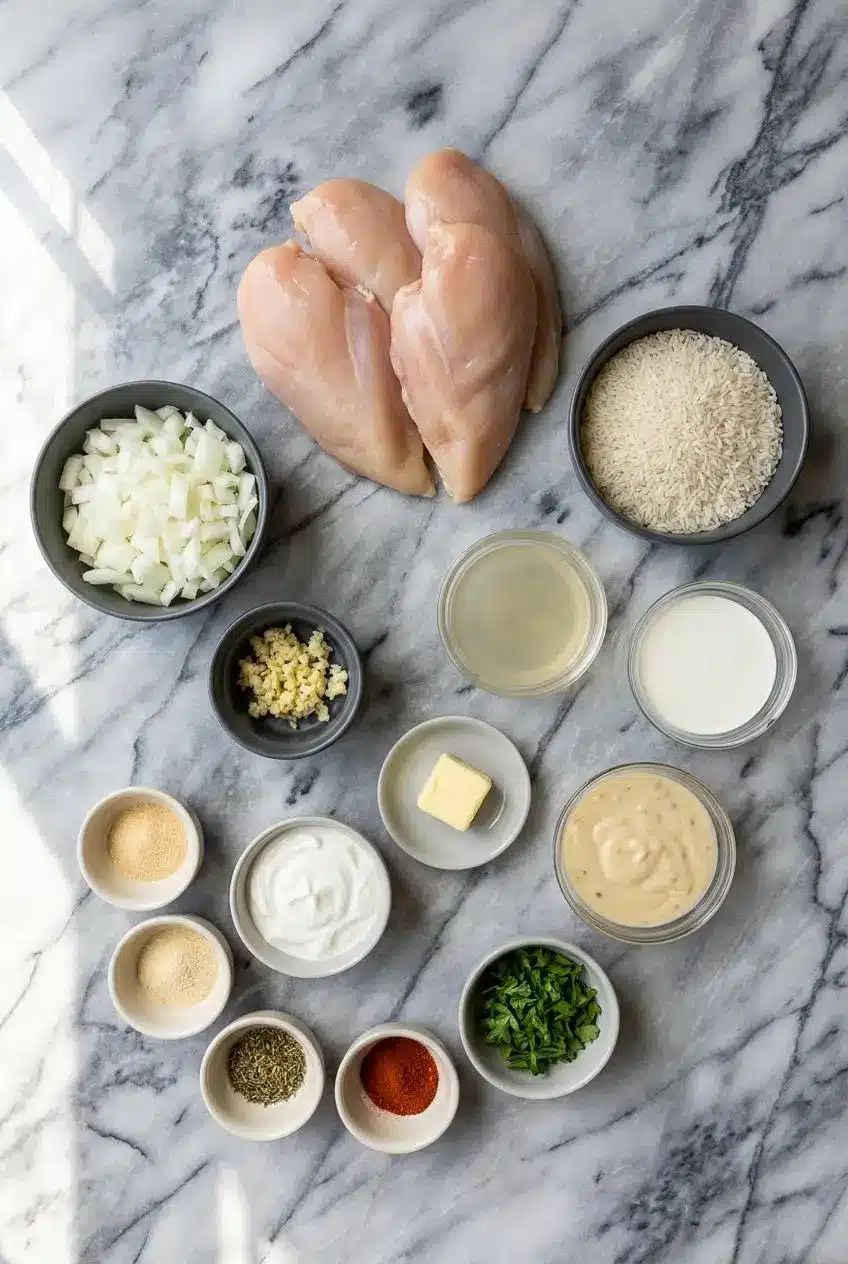 Ingredients for smothered chicken and rice laid out, including raw chicken thighs, long-grain white rice, flour, butter, and chicken broth.