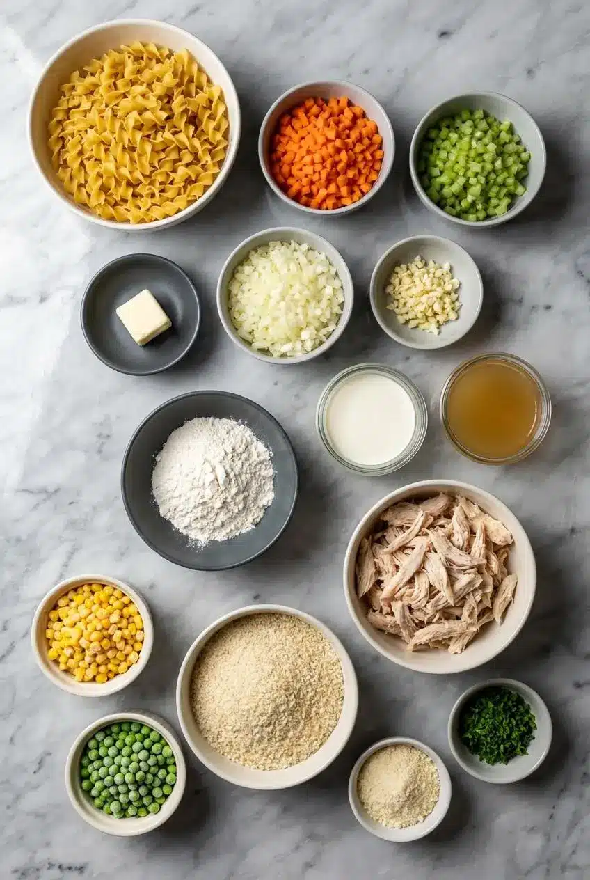 Ingredients for chicken pot pie noodle bake laid out, including egg noodles, rotisserie chicken, carrots, celery, and shallots.