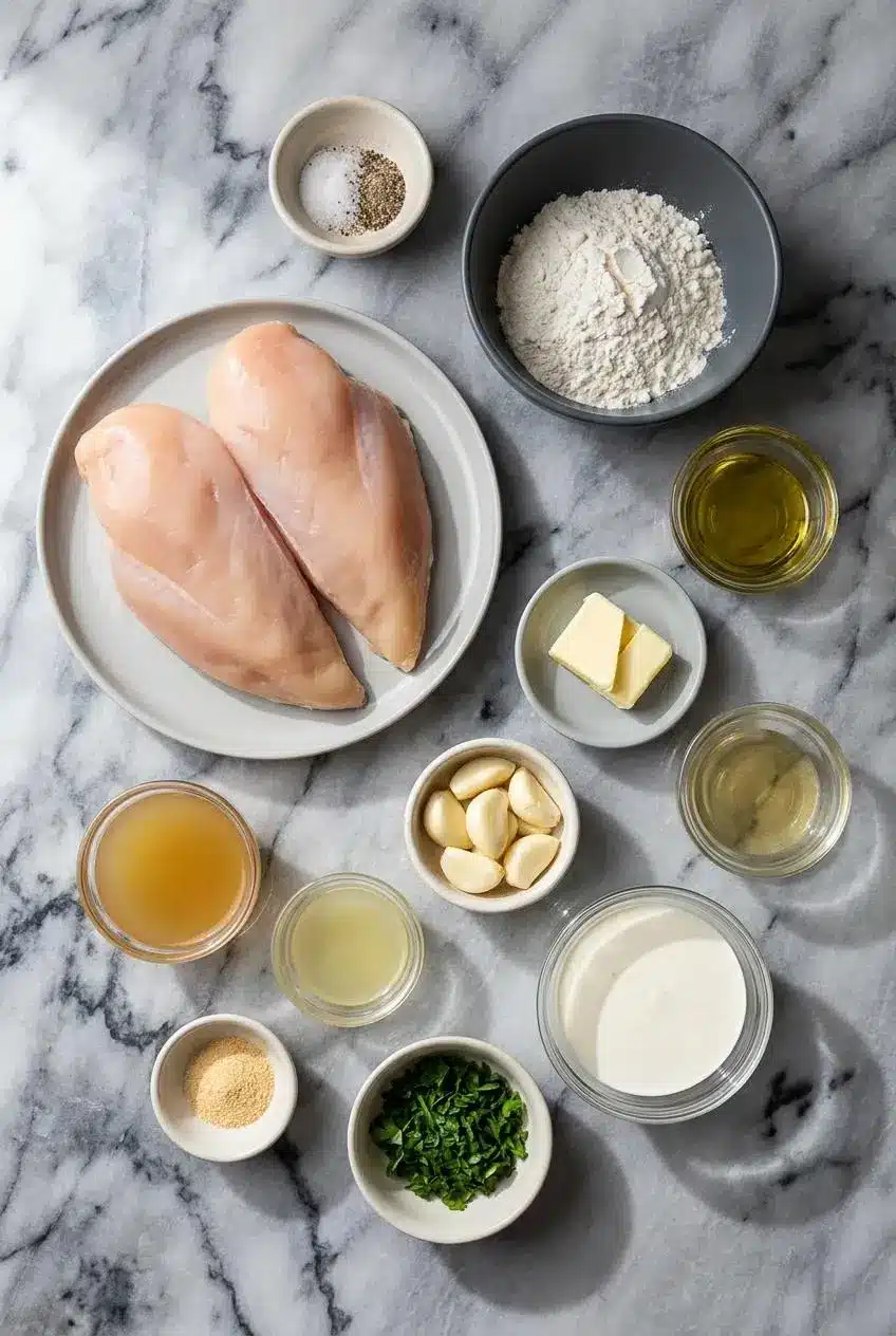 Raw ingredients for Creamy Garlic Chicken laid out, including chicken thighs, heavy cream, fresh garlic cloves, and parmesan cheese.