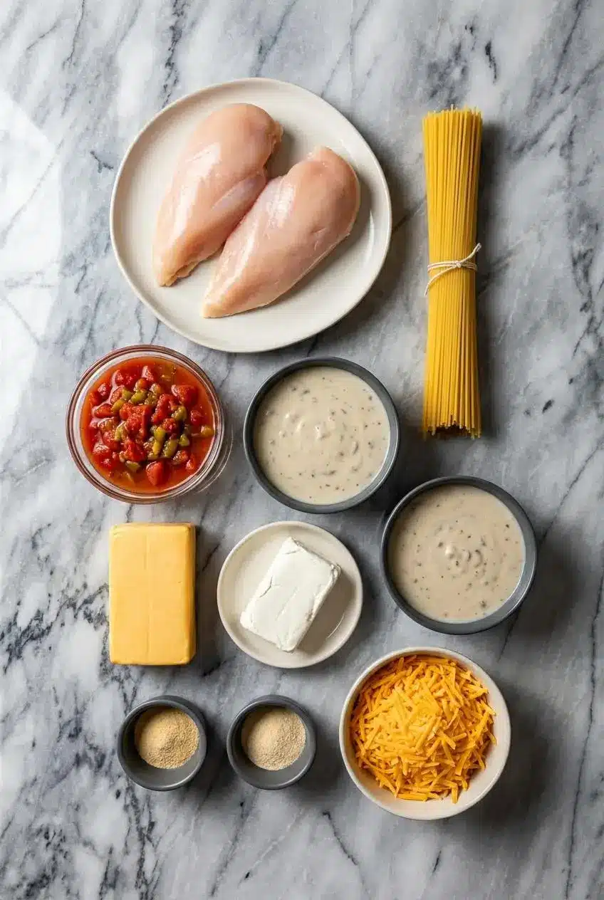 Ingredients for a chicken spaghetti recipe laid flat, including uncooked spaghetti, shredded chicken, cheddar cheese, milk, and flour.
