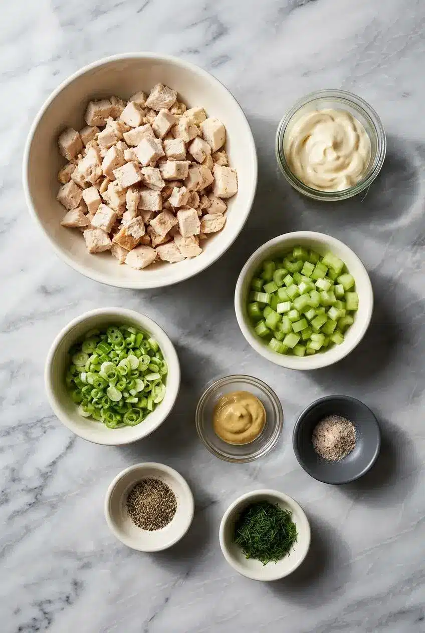 Ingredients for rotisserie chicken salad, including shredded chicken, crème fraîche, mayonnaise, celery, and fresh herbs.