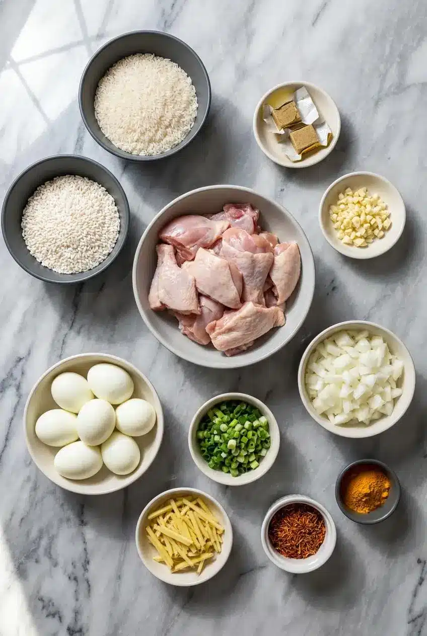 Ingredients for this Arroz Caldo recipe laid out, including glutinous rice, chicken, fresh ginger, garlic, and safflower.