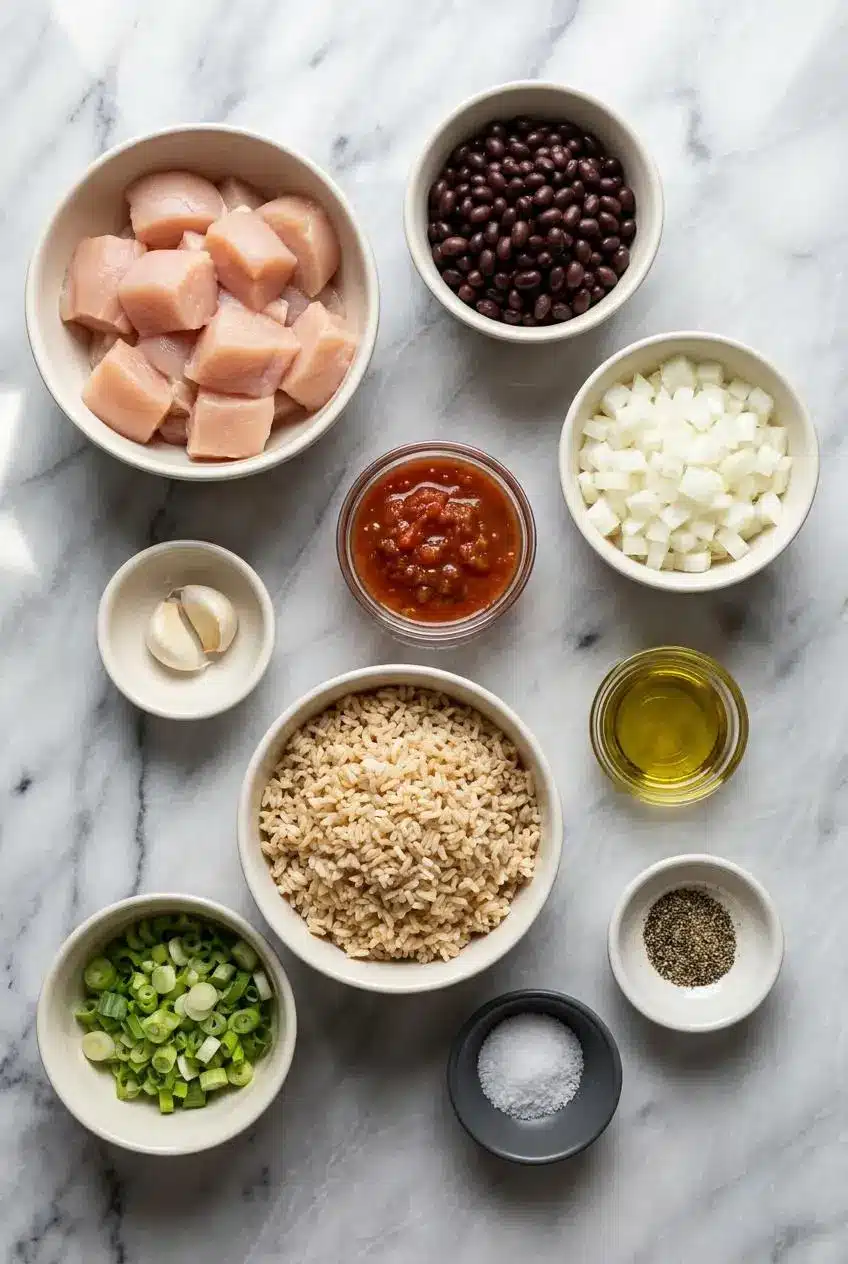 Raw ingredients for a high protein chicken burrito bowl, including chicken breast, cottage cheese, Greek yogurt, black beans, and a chipotle pepper.