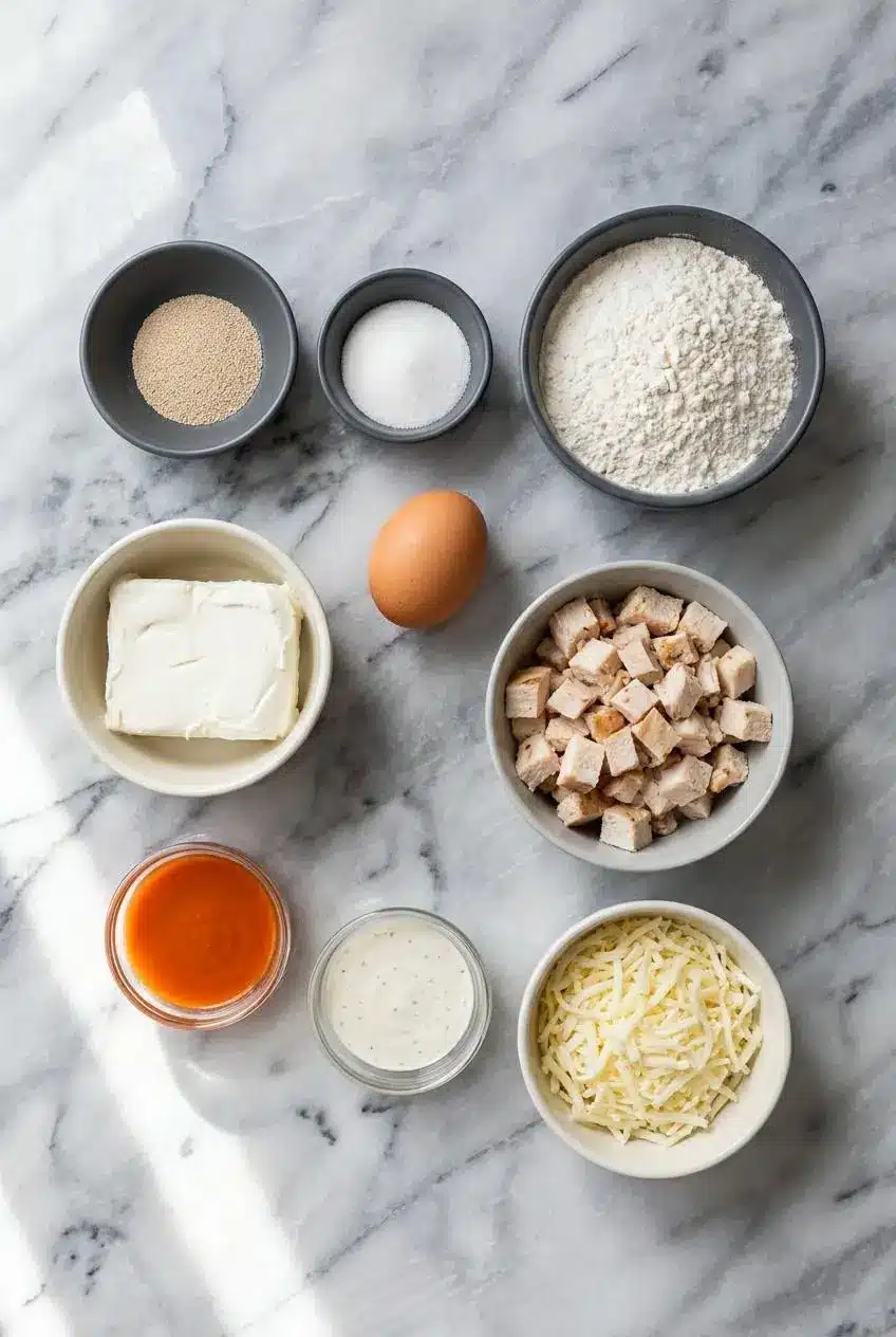 Ingredients for Buffalo Chicken Pizza Pockets laid out, including pizza dough, shredded chicken, cream cheese, and buffalo sauce.